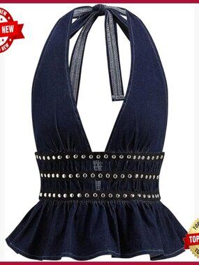 Sleeveless Denim Peplum Top Studded Tie Backless Deep V Neck Y2K Halter Jean